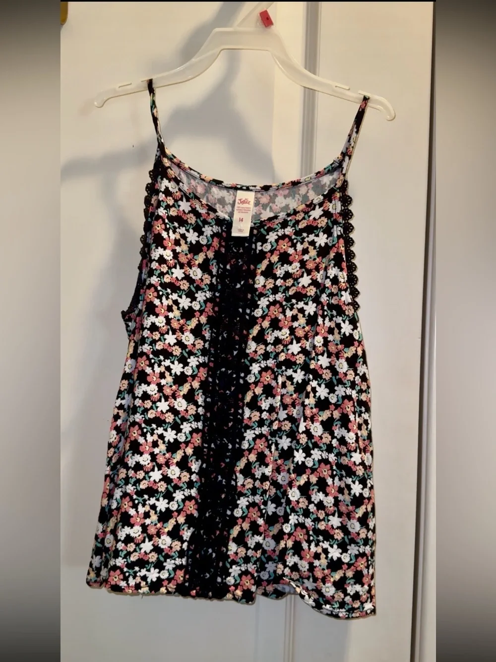 Justice Black Floral Lace-Trim Camisole with Pink & White Flowers